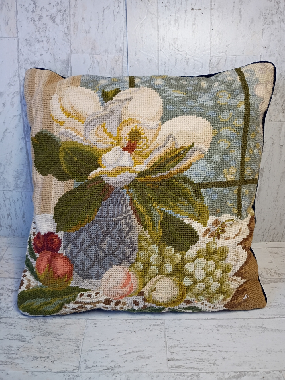Vintage Needlepoint Pillow 14x14 Floral Botanical Velvet Back Zipper Cottage